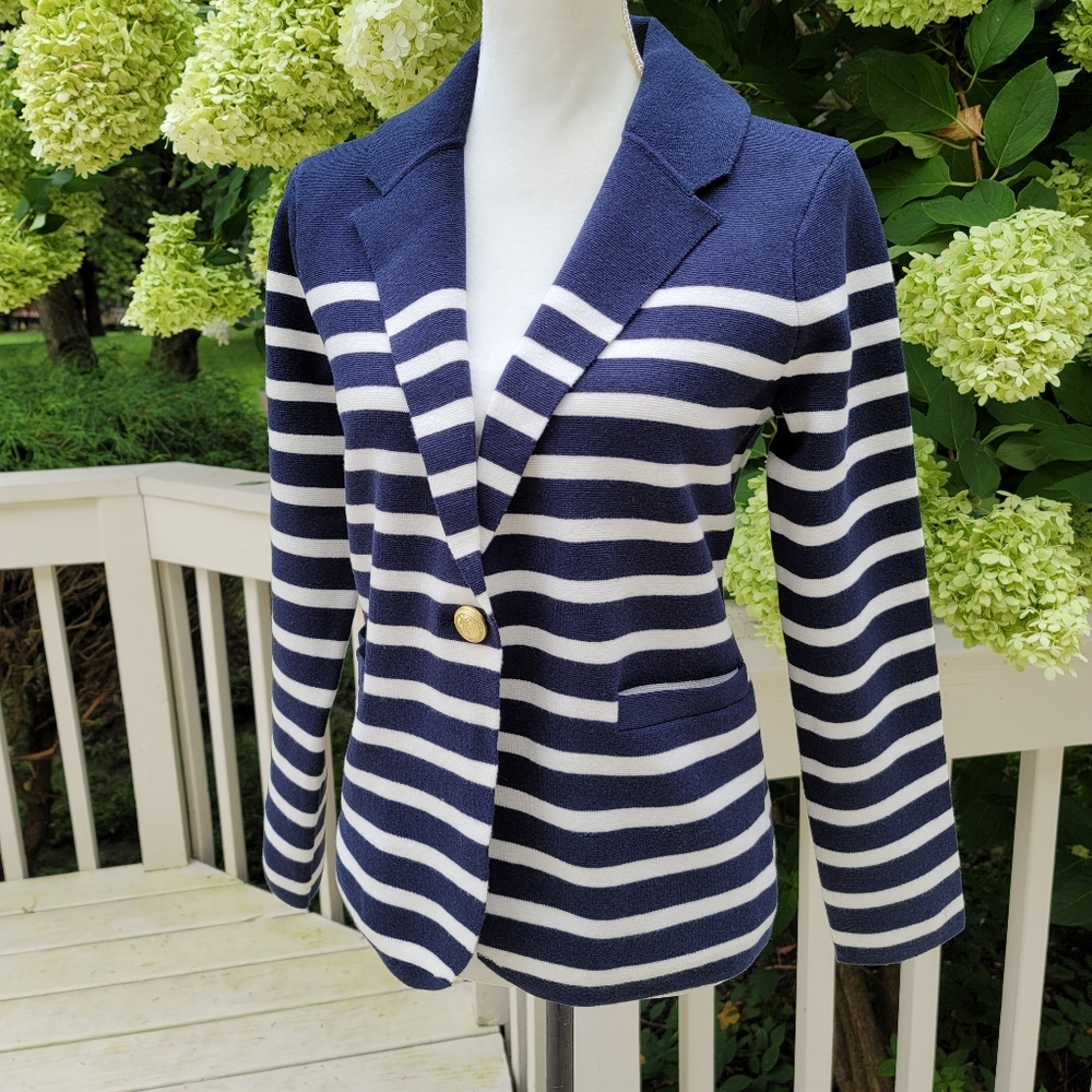 New! J Crew sz Small S Camille Shrunken Navy Stripes Sweater-Blazer NWT